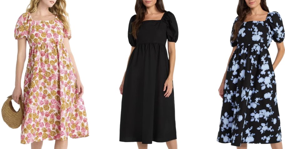 Stock images of 3 women wearing Time and Tru Women's Square Neck Midi Dresses