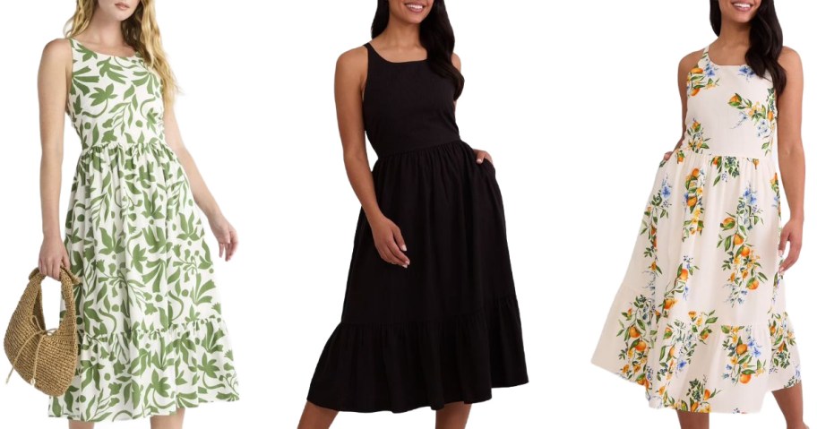 Stock images of 3 women wearing Time and Tru Women's Tie Back Midi Dresses