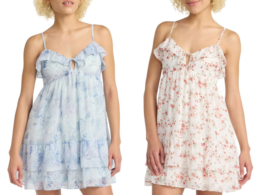 Stock images of two women wearing No Boundaries Women's Ruffle Tier Mini Dresses