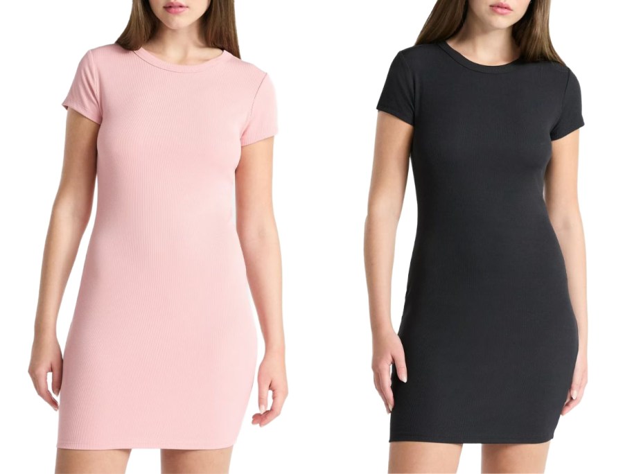 Stock images of two women wearing No Boundaries Women's Ribbed Mini Dresses
