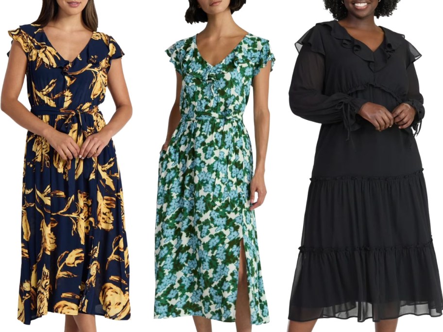 Stock images of 3 women wearing long dresses from Walmart