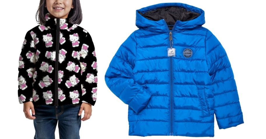 A girl wearing a Hello Kitty Puffer jacket and a blue puffer jacket