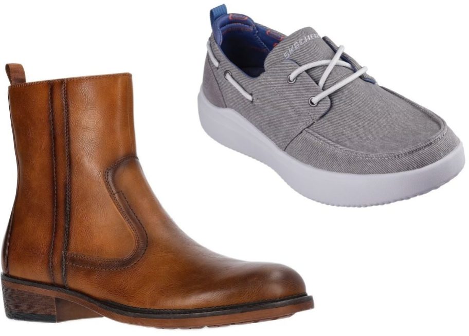 Stock images of a men's boot and a skechers boat shoe from Walmart