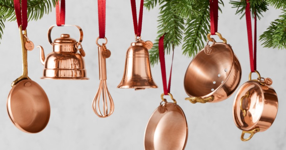 gold Williams Sonoma Ornaments hanging from tree