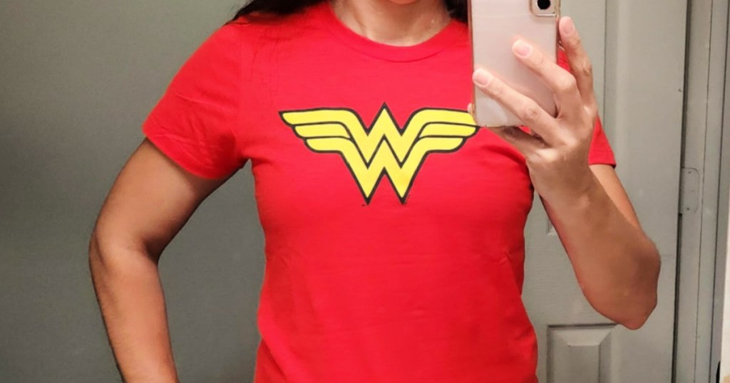 woman wearing red wonder woman shirt