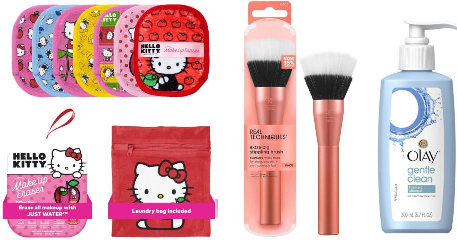 Stock images of Hello Kitty Makeup Erasers, A real techniques makeup brush and an olay facial cleanser