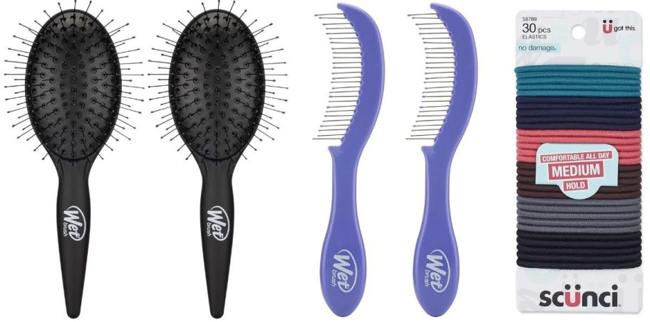 Stock images of 2 Wet Brushes, 2 Weet Brush Combs and a pack of Scuncu Hair Elastics