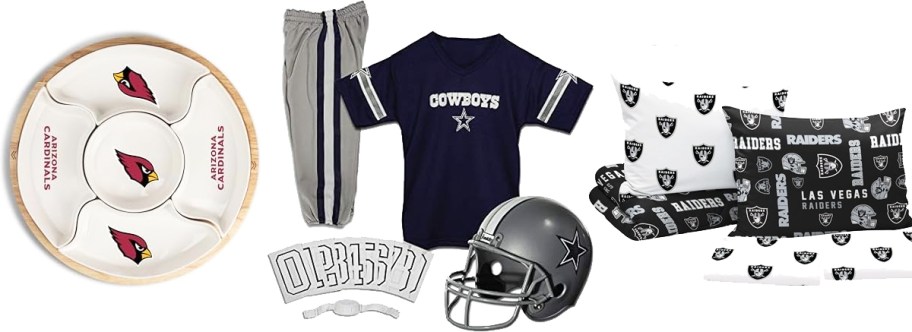 Cardinals serving tray, Dallas Cowboys Kids Uniform, and Raiders Bed in a Bag Set