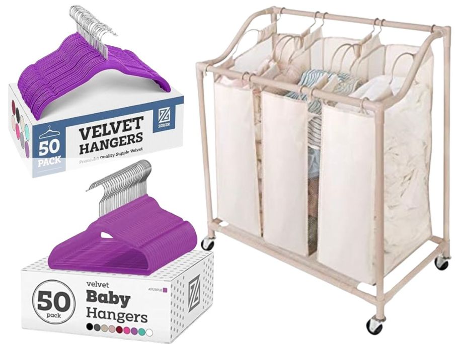 2 packages of purple hangers and a laundry hamper with wheels