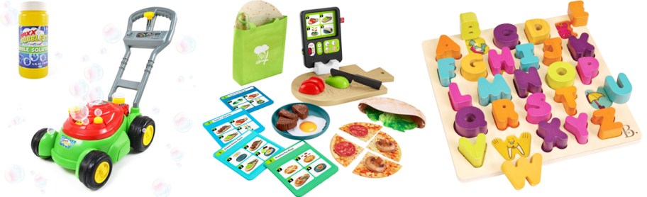 bubble mower, food playset, and wooden alphabet puzzle