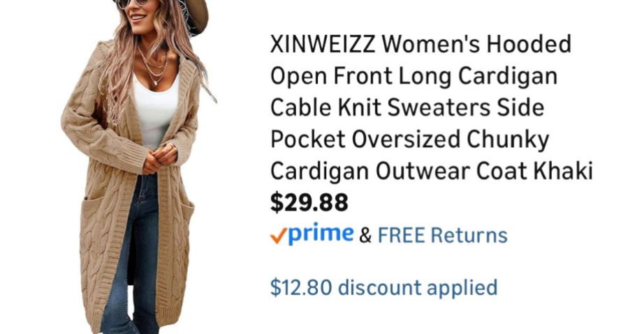 woman wearing tan cardigan nexto to Amazon pricing information