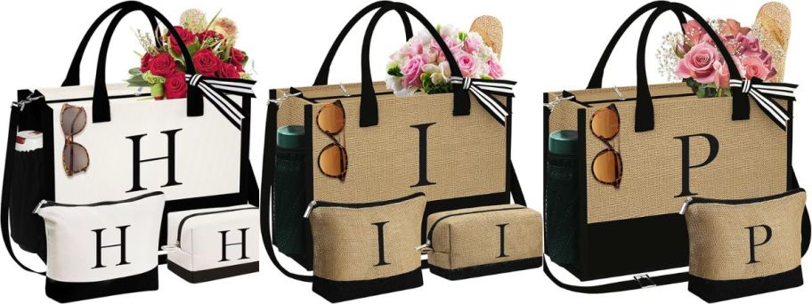 3 canvas totes with initials on them