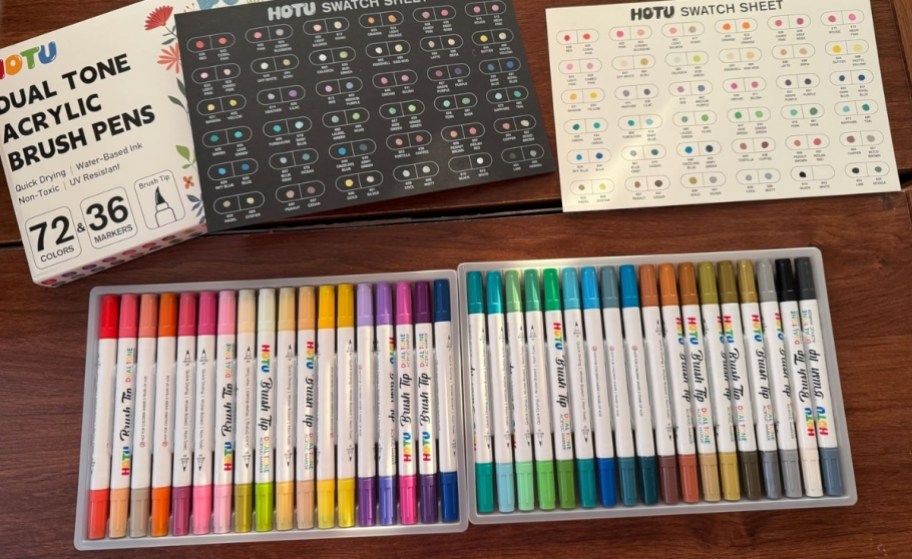 36 count acrylic marker set shown with swatch sheets and box