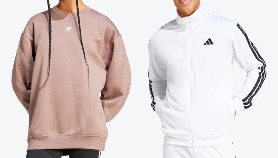 woman in brown crewneck and man in white jacket