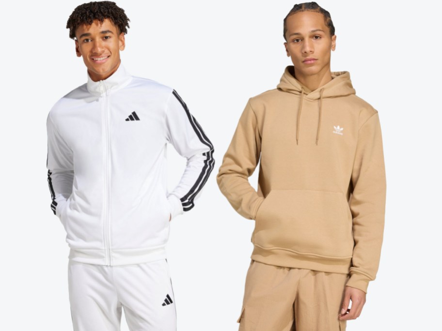 Two men wearing adidas jackets.