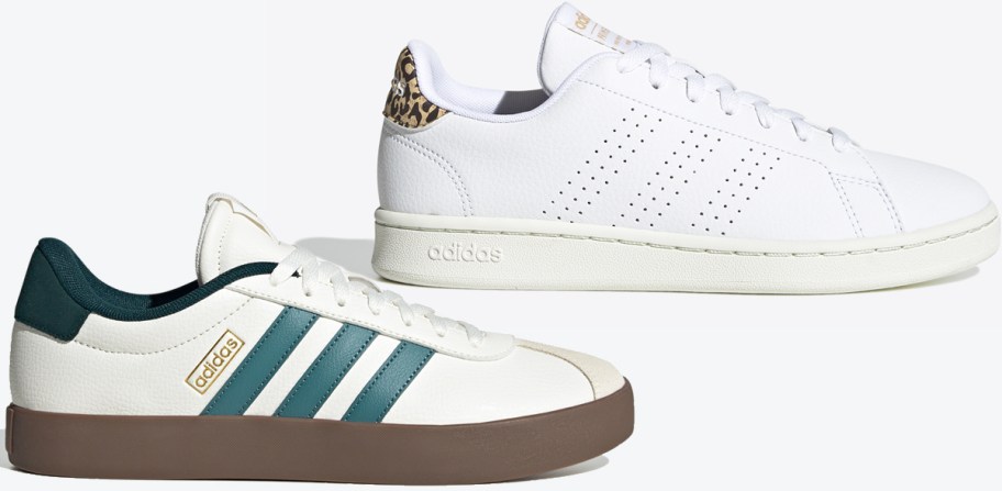 two pairs of white adidas sneakers