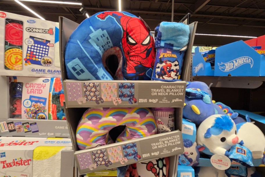 spiderman neck pillow and blanket on shelf