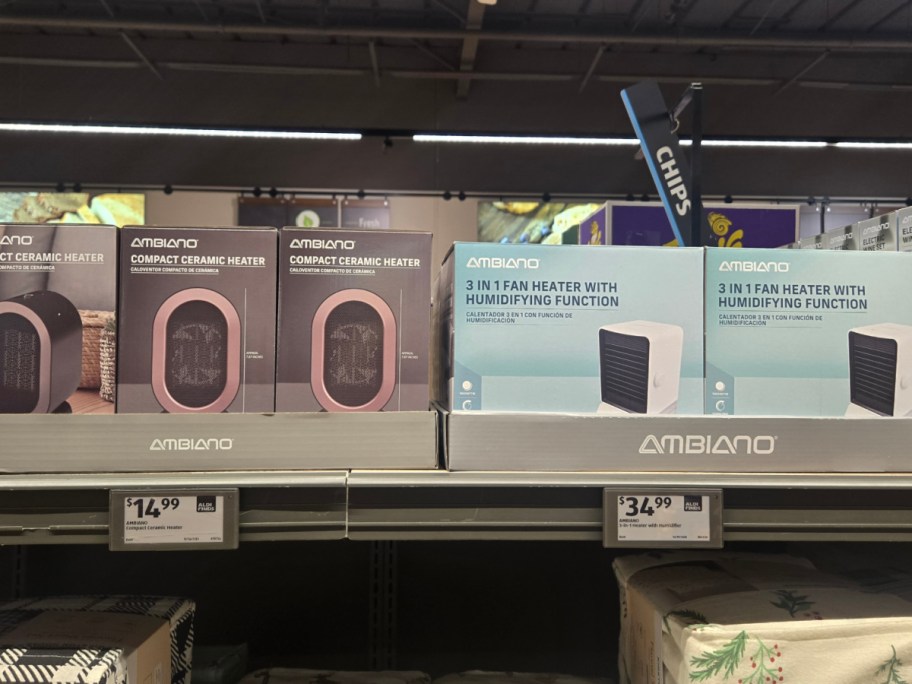 Heaters on a shefl at Aldi.