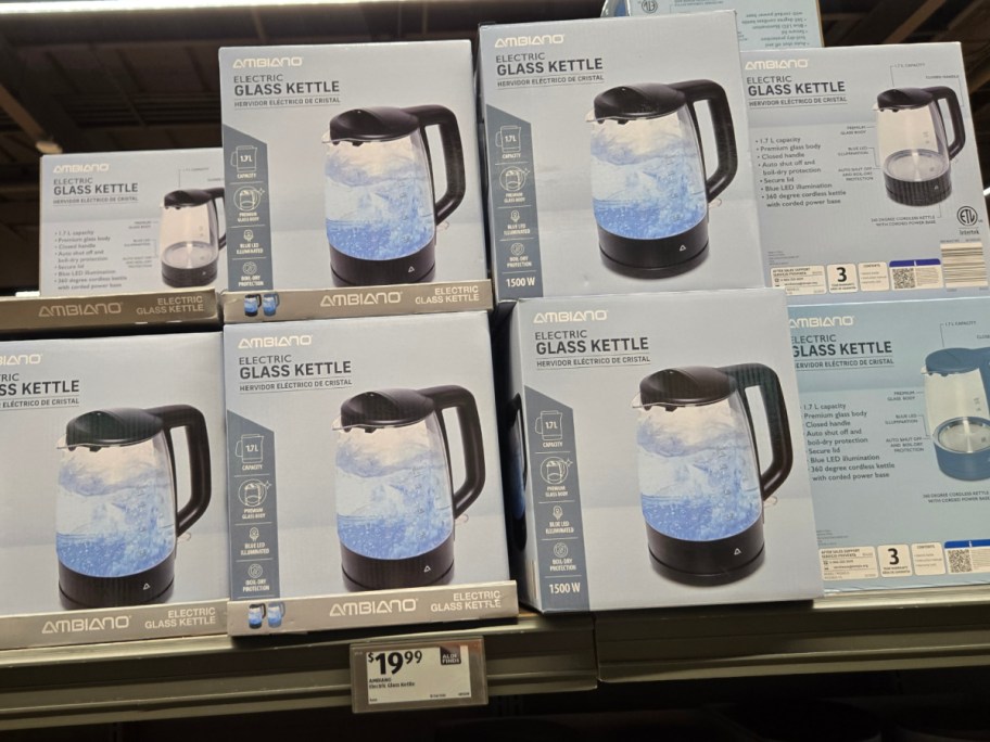 Boxes of electric glass kettles at Aldi.