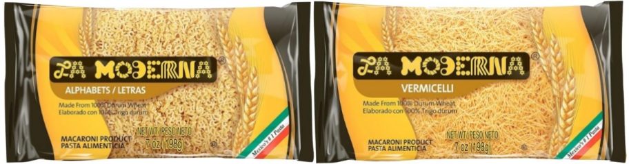 a bag of alphabet pasta and a bag of vermicelli