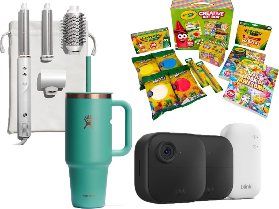 white hair kit, green tumbler, crayola set, and blink cameras 