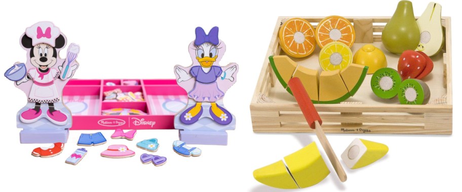 minnie mouse and daisy duck wooden dolls and wooden fruit and veggies