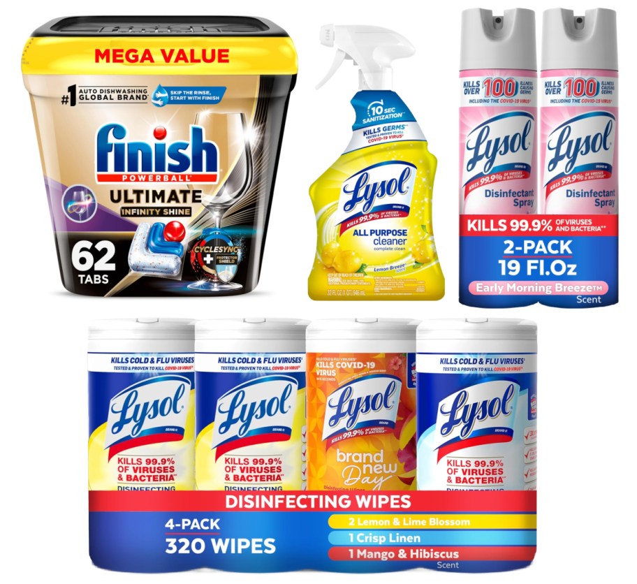 lysol wipes, sprays, and dishwasher pods