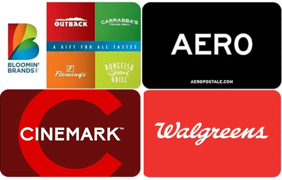 bloomin, aero, cinemark, and walgreens gift cards 