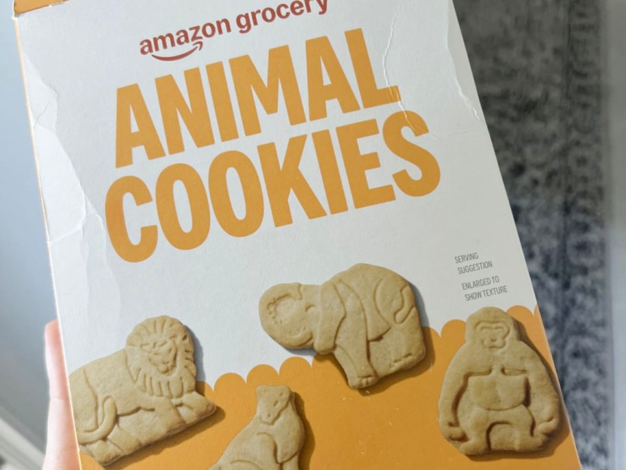 hand holding a box of animal cookies