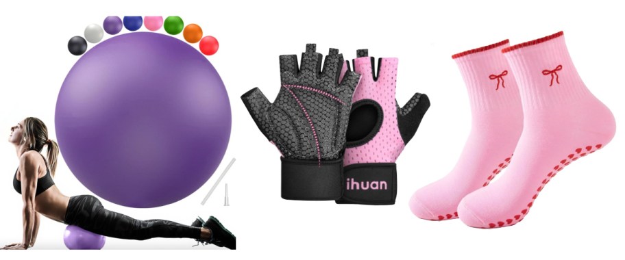 purple pilates ball, pink fingerless gloves, pink socks