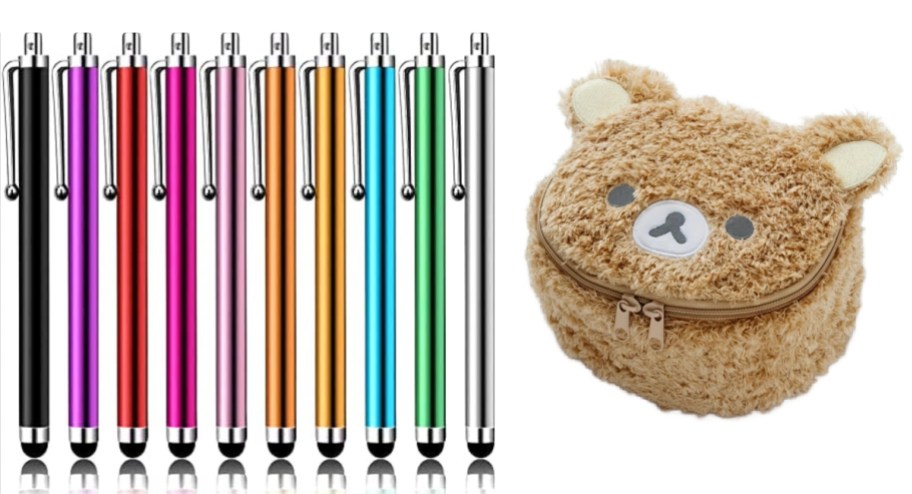 colorful stylus pens and teddy bear zipper pouch