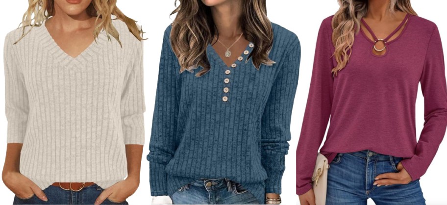 women in geige, blue, and maroon long sleeves