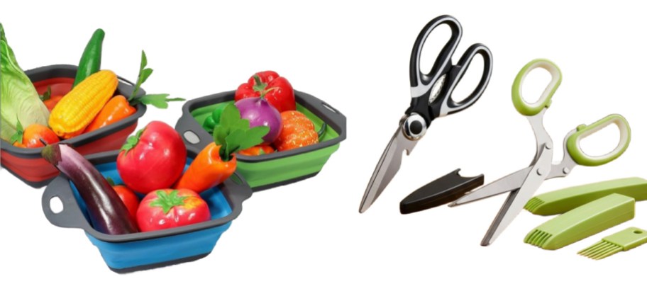 colorful colanders and black and green scissors