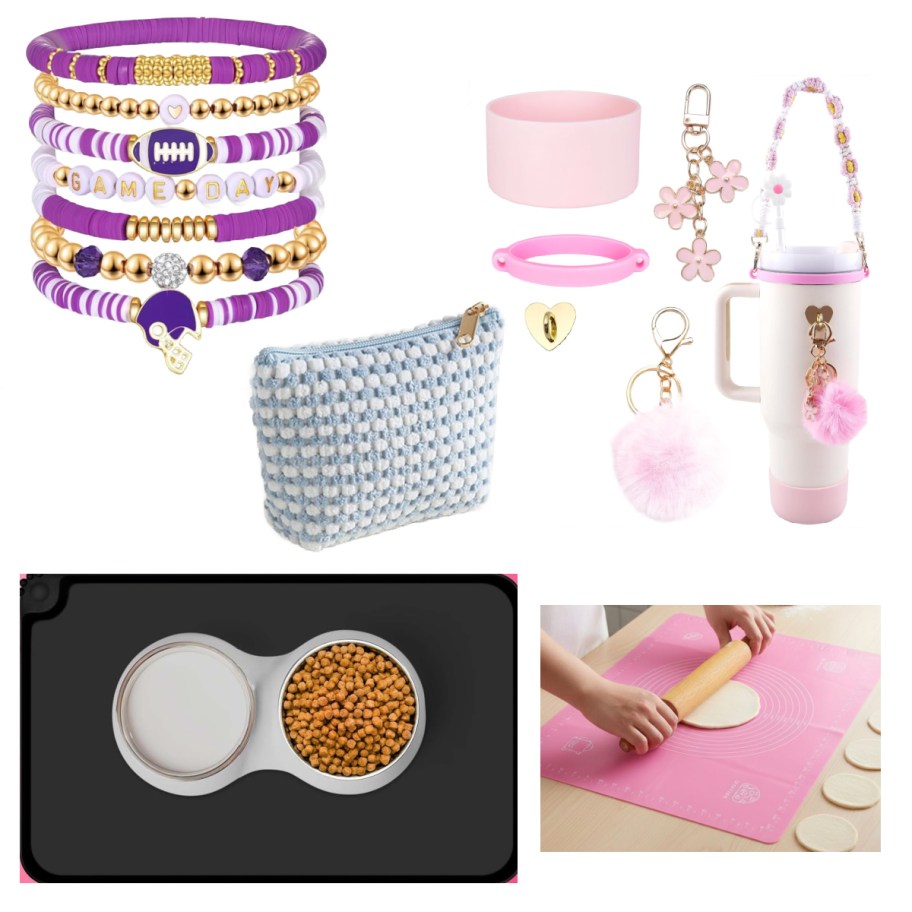 layered bracelets, tumbler accessories, dog mat, and baking mat