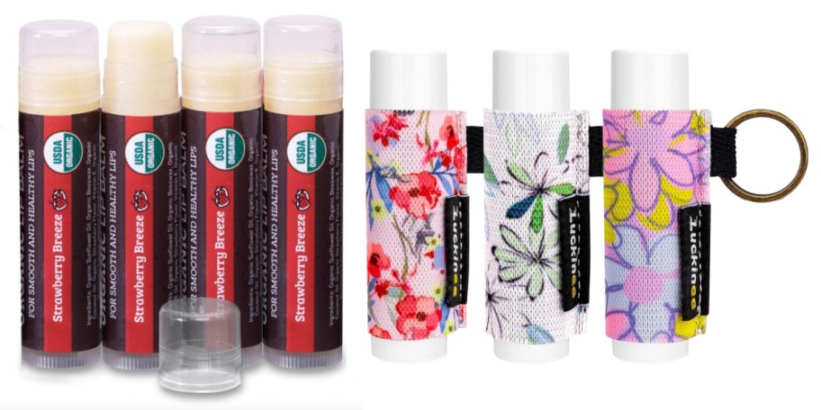 4 lip balms and 3 lip balm keychain holders