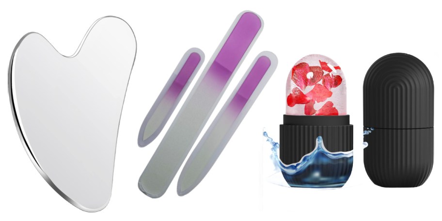 stainless steel gua sha, nail glass files, and face roller