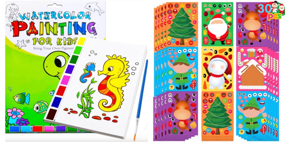 water coloring book with seahorse next to 30 christmas sticker packs