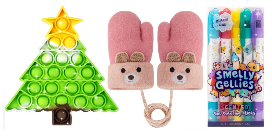 christmas tree popper, toddler gloves, and gel pens