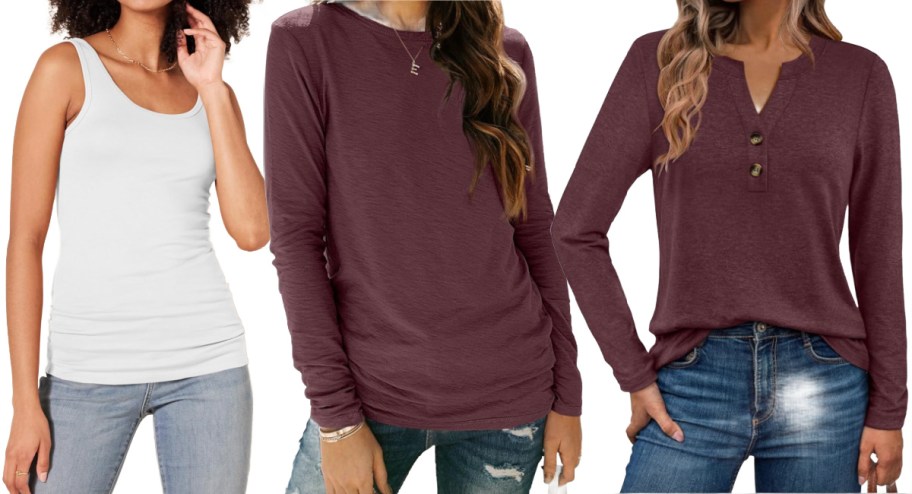 women in white tank top and two maroon shirts