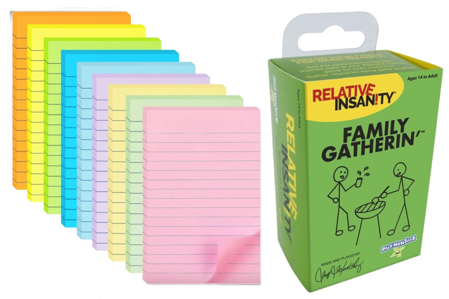 stack of colorful sticky notes and green board game