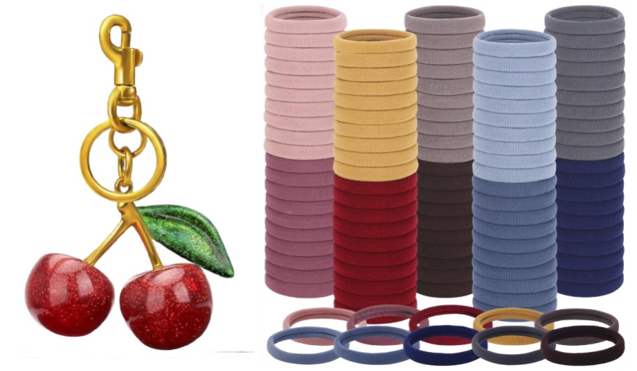 cherry bag charm and many colorful hair ties stacked