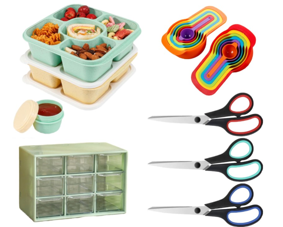 snack containers, measuring spoons, and 3 pack scissors