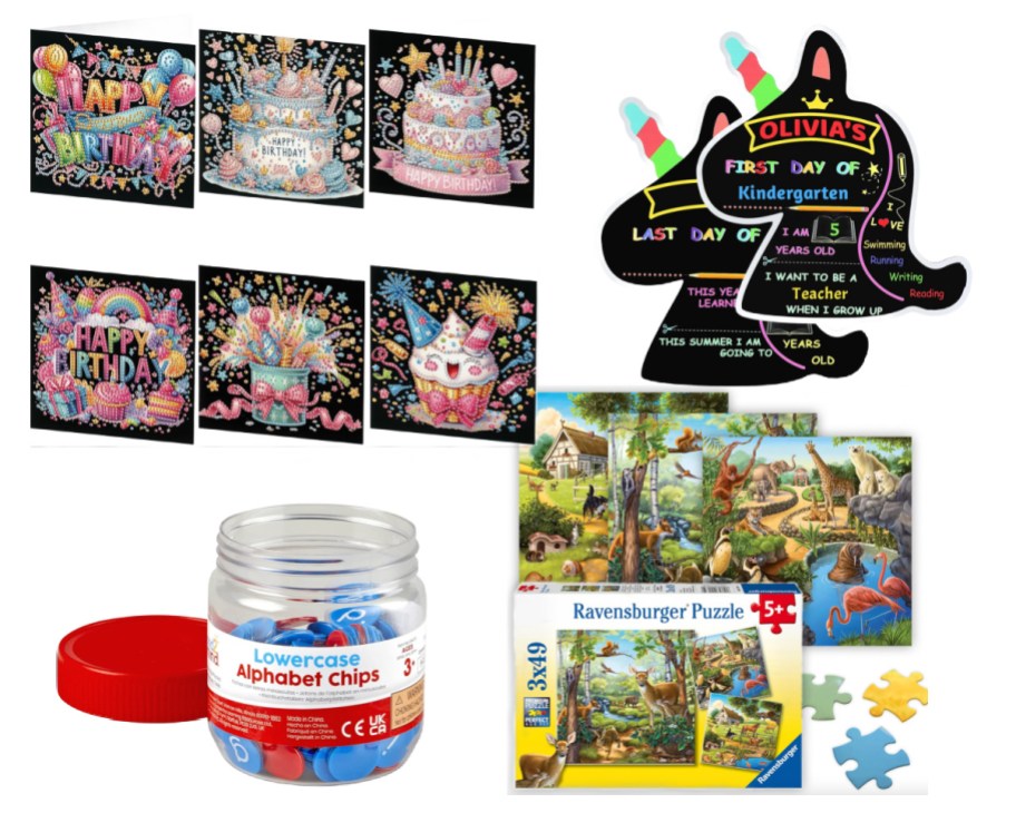 unicorn shaped chalkboard, jar of alphabet letters, puzzles