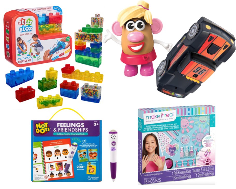 ms potato head, jelly blocks, rc car, and nail kit toys