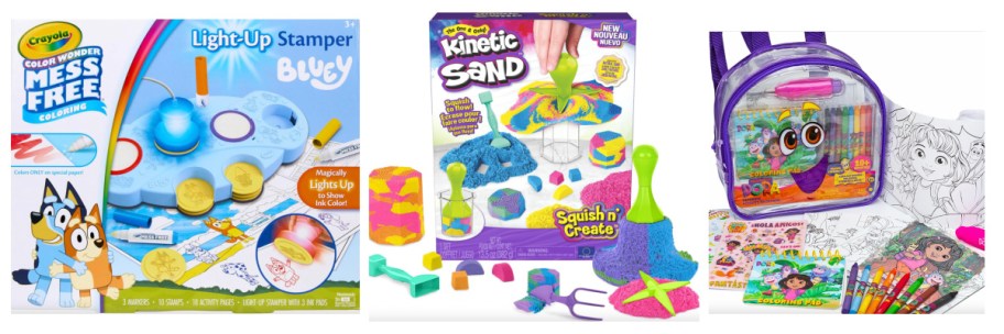 crayola bluey kit,kinetic sand, and dora backpack