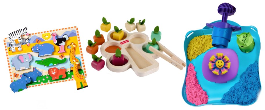safari puzzle, tree sorter toy, and sand