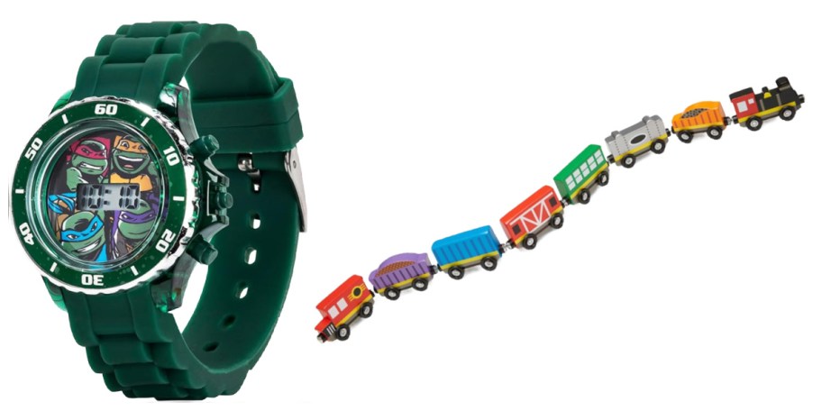 ninja turtle watch and wooden trains