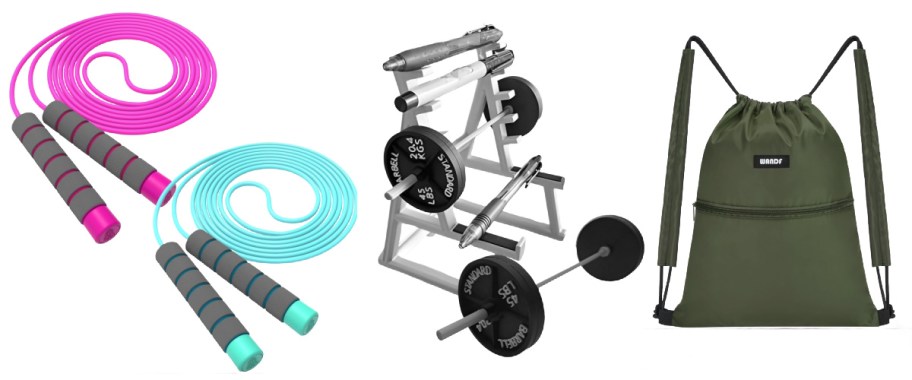 pink and blue jump rope, squat rack pen, green backpack