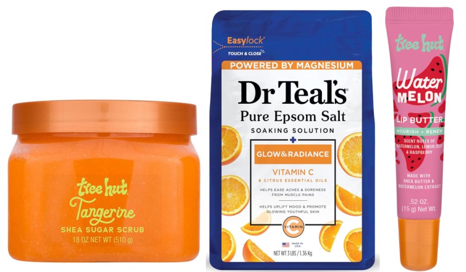 orange scrub blue bag of bubble soap and pink lip balm 