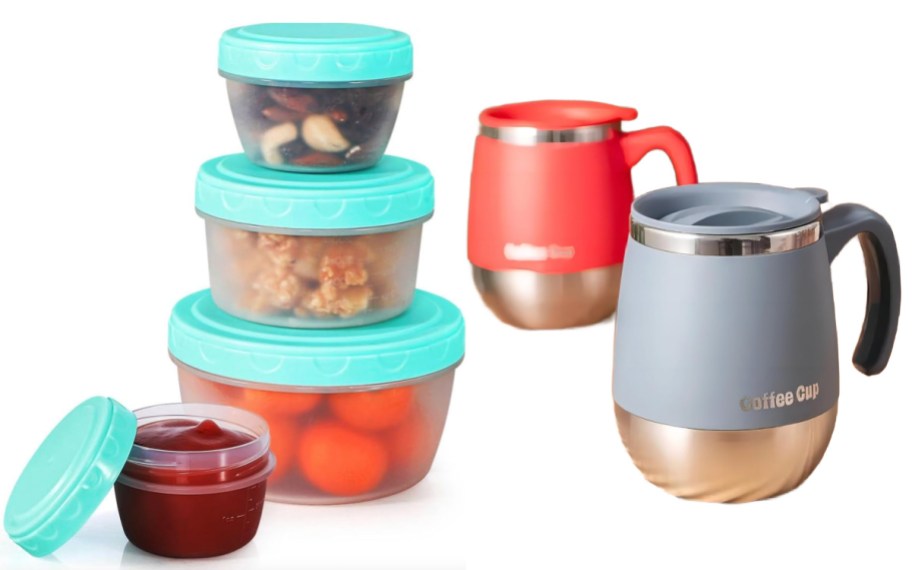stacked containers with blue lids and red and grey